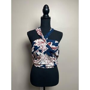 Floral Cross-Front Women's Top - Blue and White